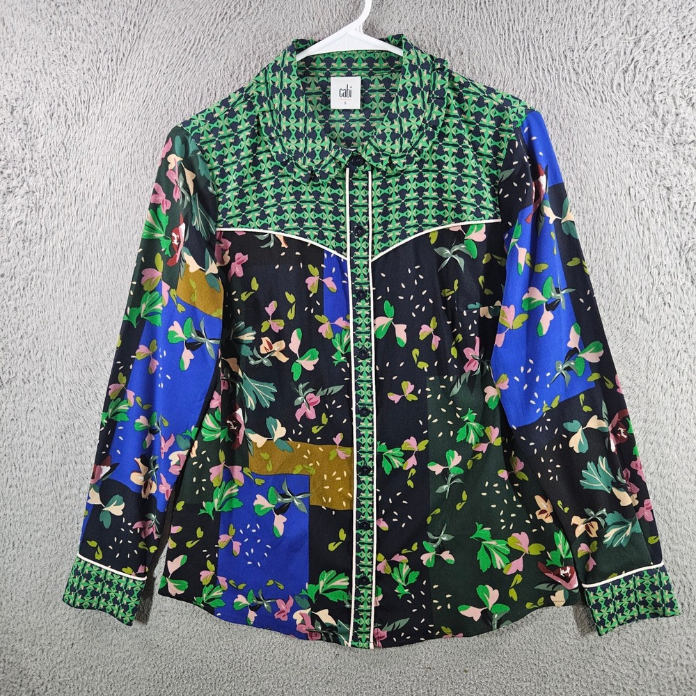 Cabi Mixed Floral Geometric Patchwork Western Yoke Button Down Shirt S